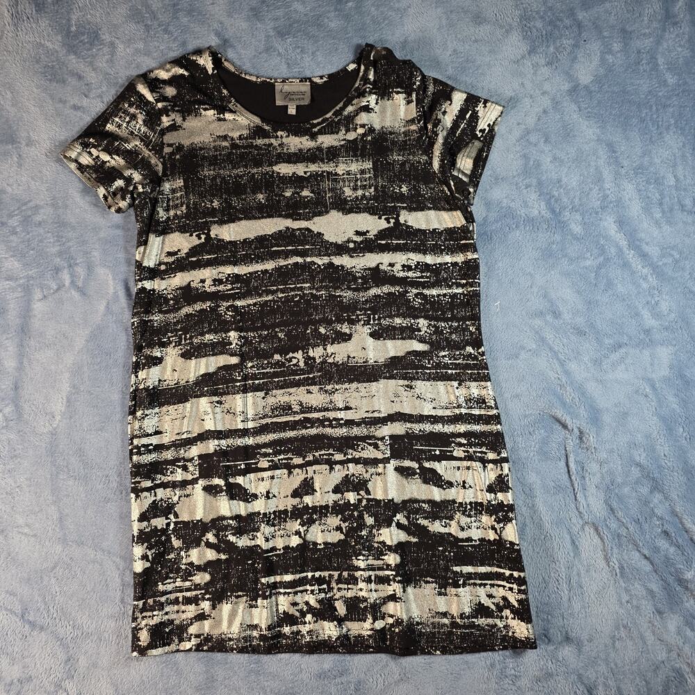 Lynn Ritchie Silver Dress Womens L Black Silver Metallic Abstract Shift